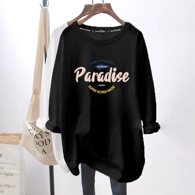 Women Long Sleeve Graphic T-Shirt White Black - Image 3