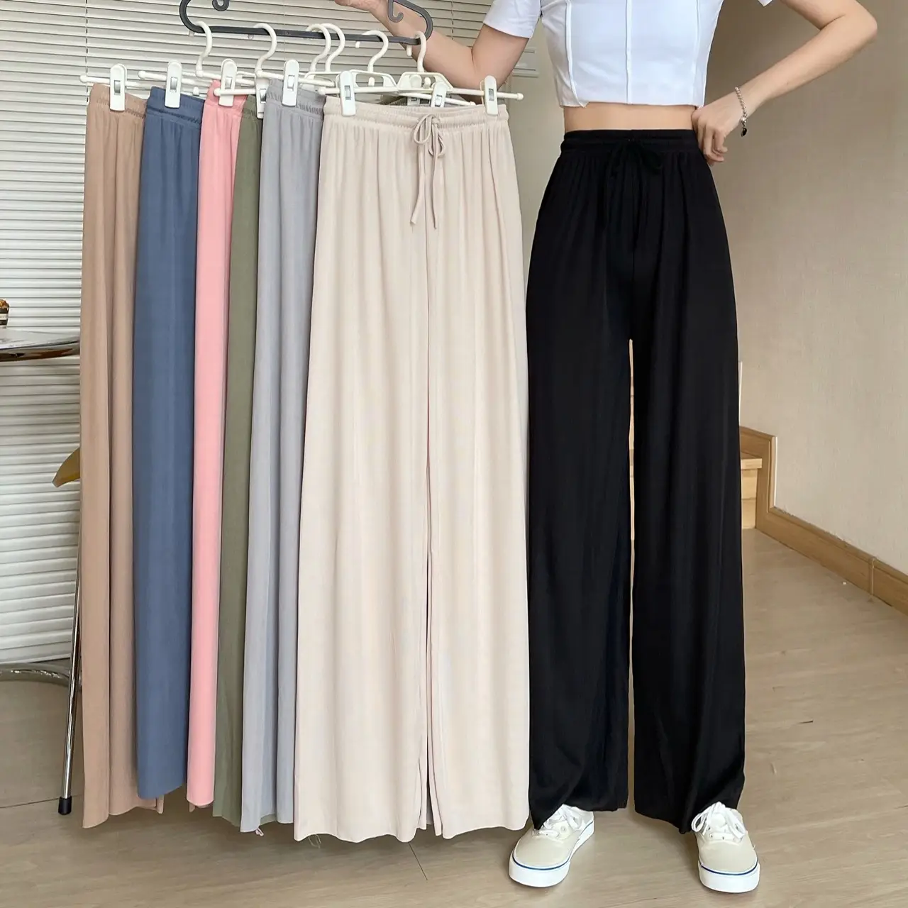 Women Ice Silk Wide Leg Pants High Waist Summer Cool - Image 9