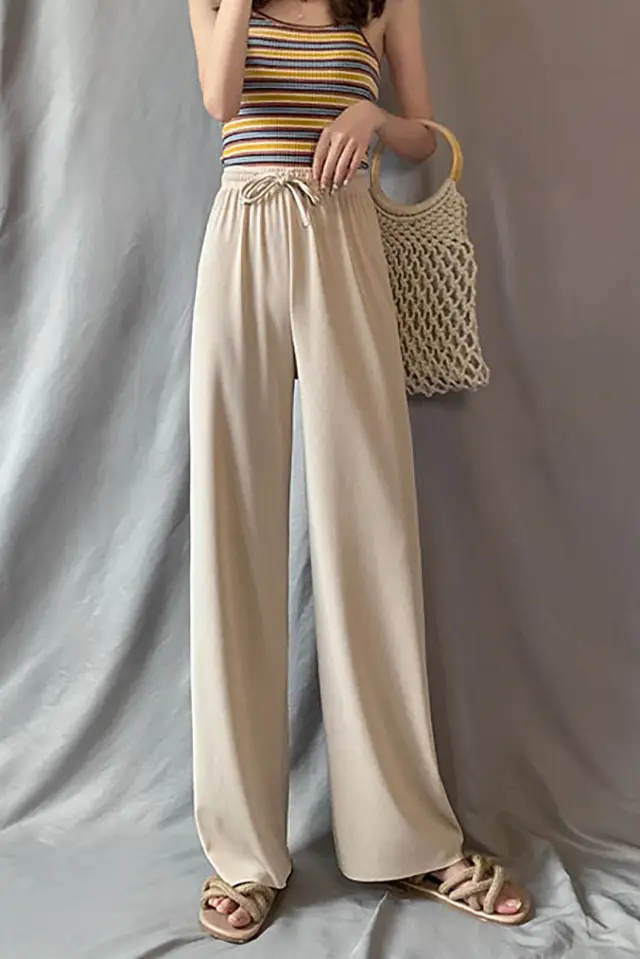 Women Ice Silk Wide Leg Pants High Waist Summer Cool - Image 3