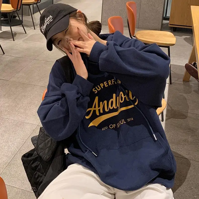 2022 Korean Style Hooded Sweatshirt Women Navy Blue - Image 5