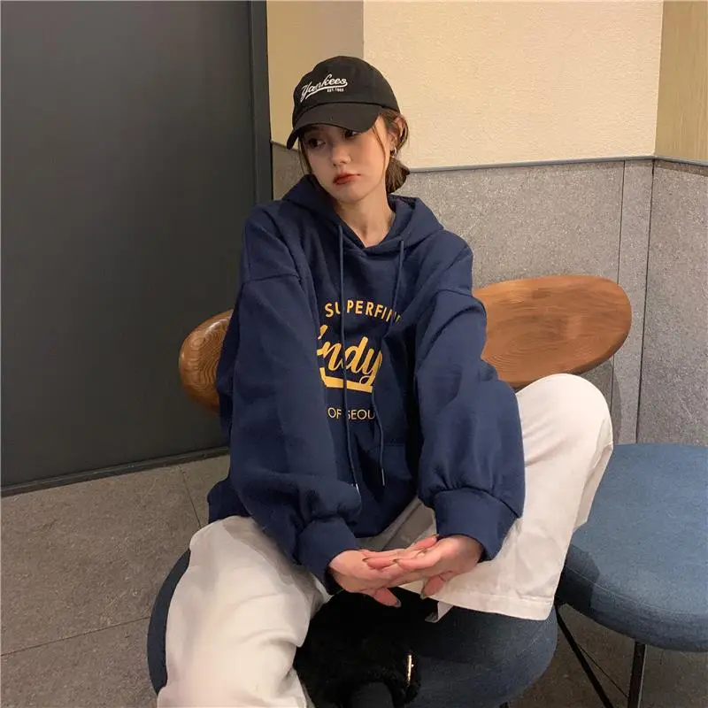 2022 Korean Style Hooded Sweatshirt Women Navy Blue — feature 13