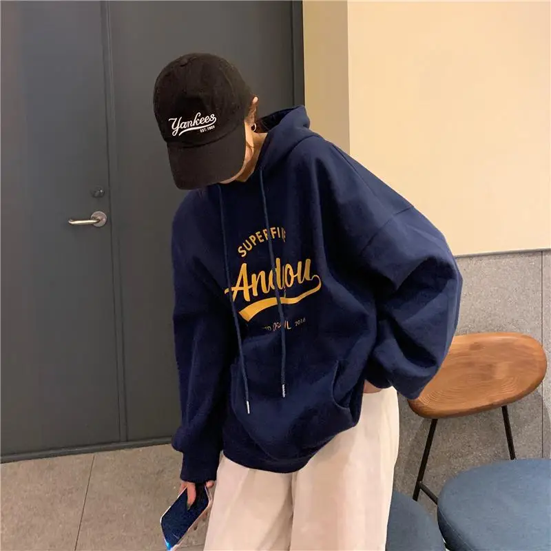 2022 Korean Style Hooded Sweatshirt Women Navy Blue — feature 14