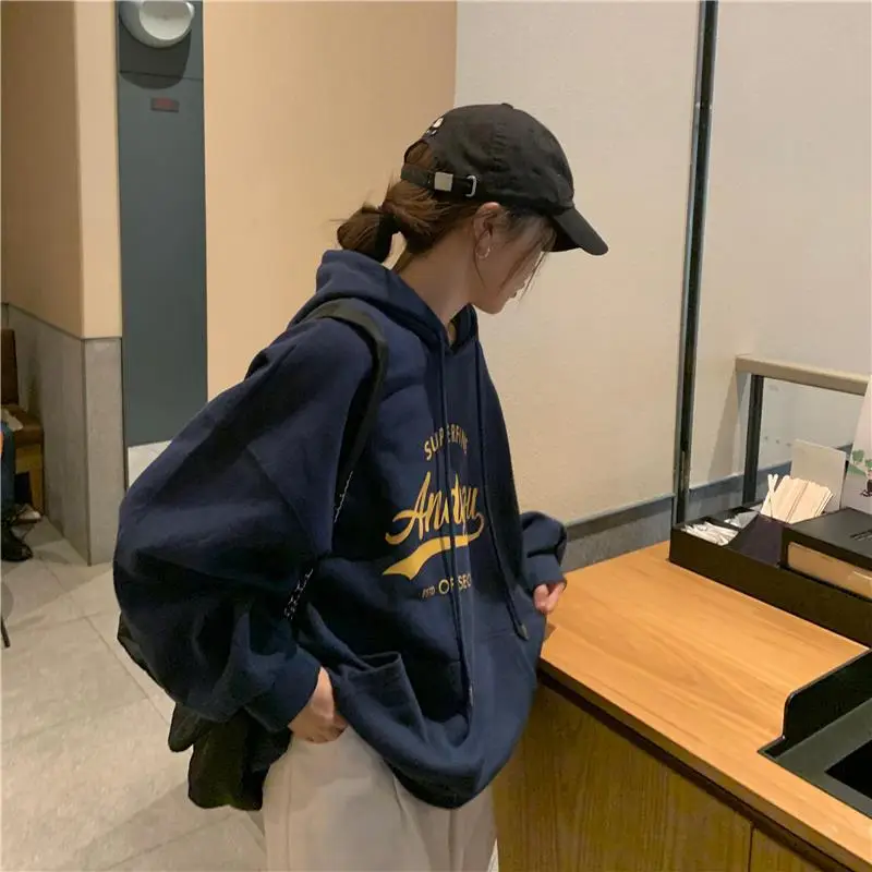 2022 Korean Style Hooded Sweatshirt Women Navy Blue — feature 15