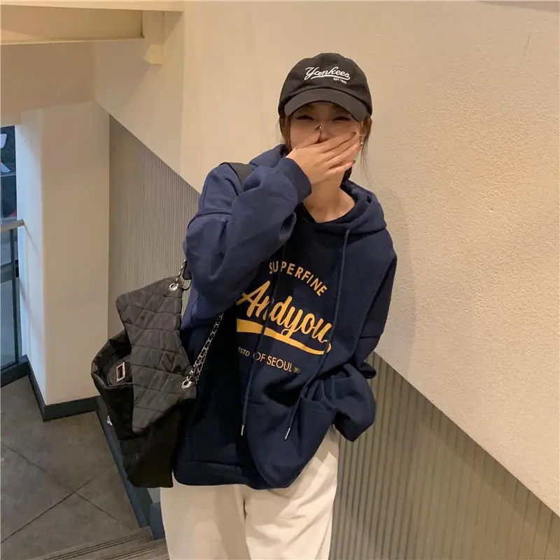 2022 Korean Style Hooded Sweatshirt Women Navy Blue — feature 16