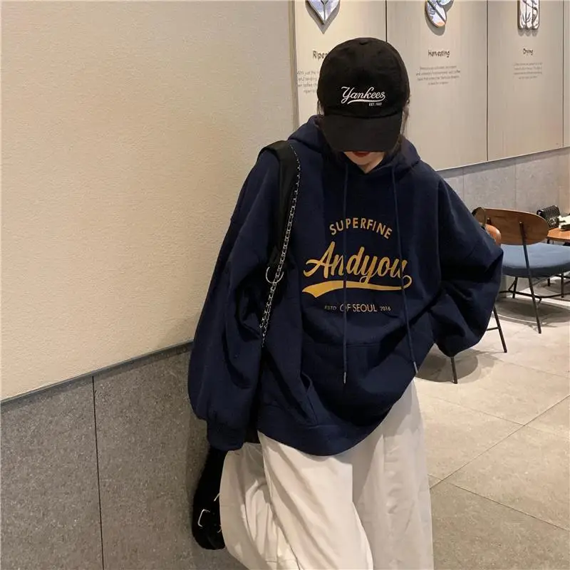 2022 Korean Style Hooded Sweatshirt Women Navy Blue — feature 18