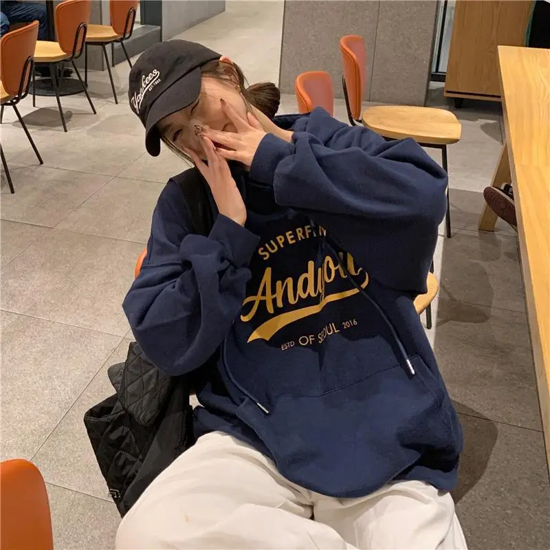 2022 Korean Style Hooded Sweatshirt Women Navy Blue — feature 20