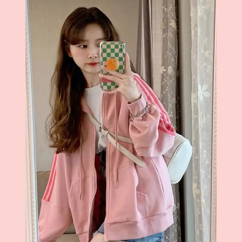 Pink Hooded Zipper Hoodie for Women Spring Autumn Winter 2025 - Image 4