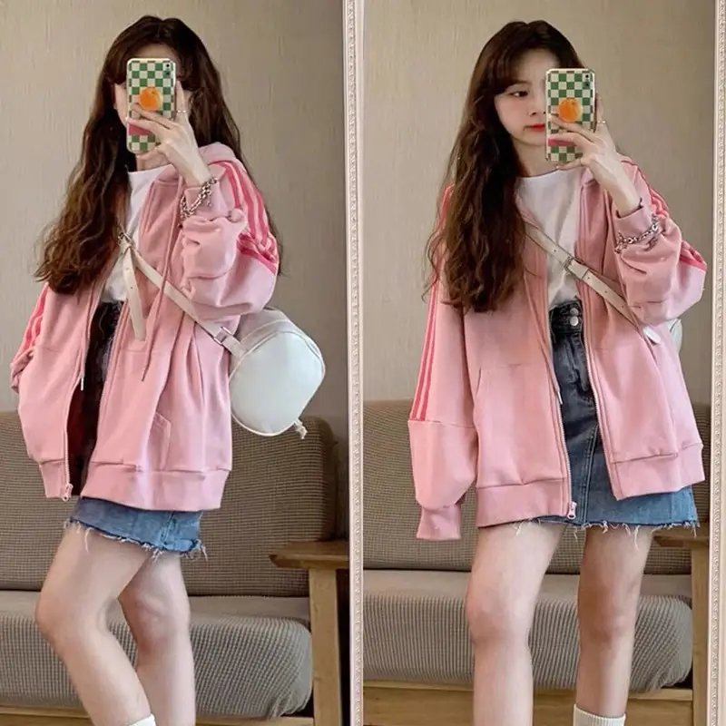 Pink Hooded Zipper Hoodie for Women Spring Autumn Winter 2025 - Image 5