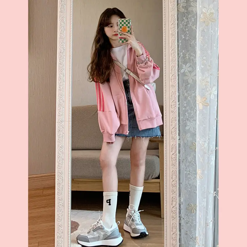 Pink Hooded Zipper Hoodie for Women Spring Autumn Winter 2025 - Image 6