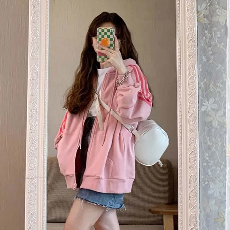 Pink Hooded Zipper Hoodie for Women Spring Autumn Winter 2025 — feature 11