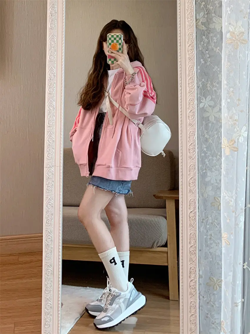 Pink Hooded Zipper Hoodie for Women Spring Autumn Winter 2025 — feature 5