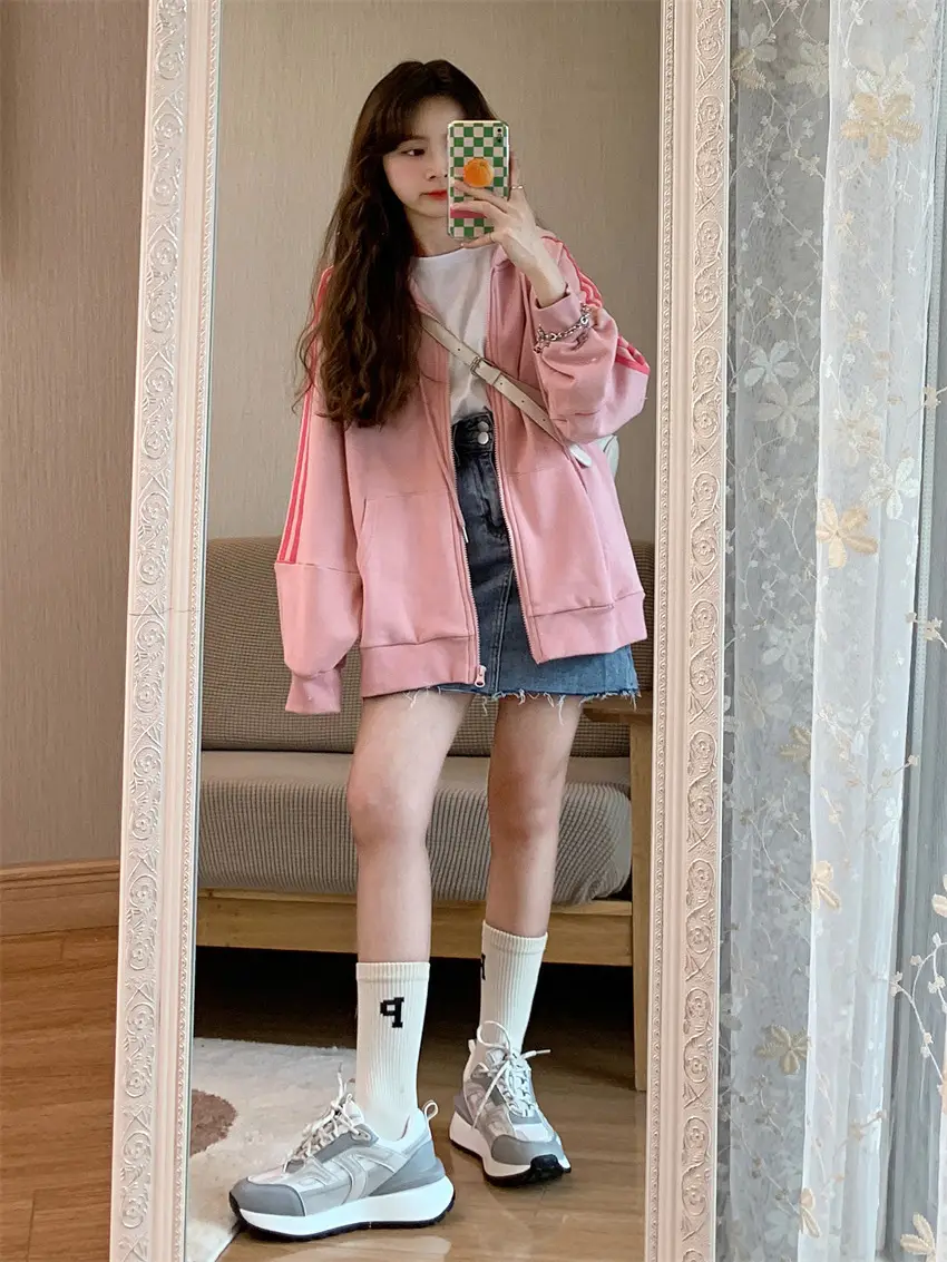 Pink Hooded Zipper Hoodie for Women Spring Autumn Winter 2025 — feature 6
