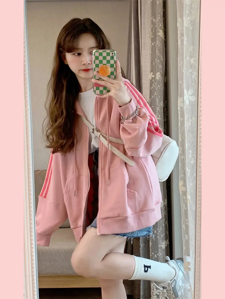 Pink Hooded Zipper Hoodie for Women Spring Autumn Winter 2025 — feature 7