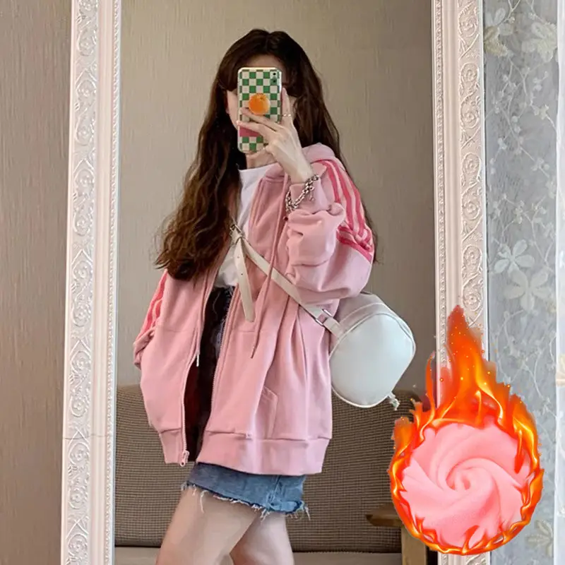 Pink Hooded Zipper Hoodie for Women Spring Autumn Winter 2025 - Image 2