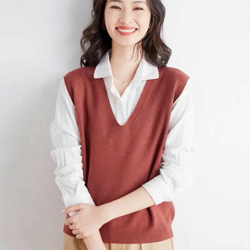Women V-Neck Knitted Vest Purple Winter Warm Coat