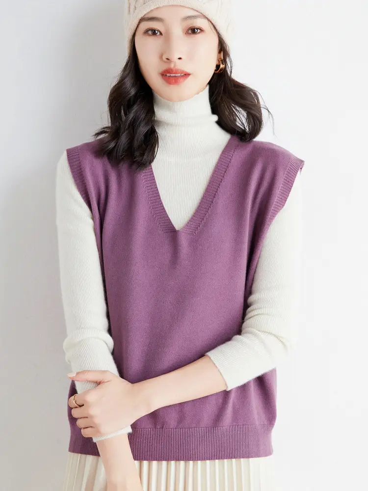 Women V-Neck Knitted Vest Purple Winter Warm Coat