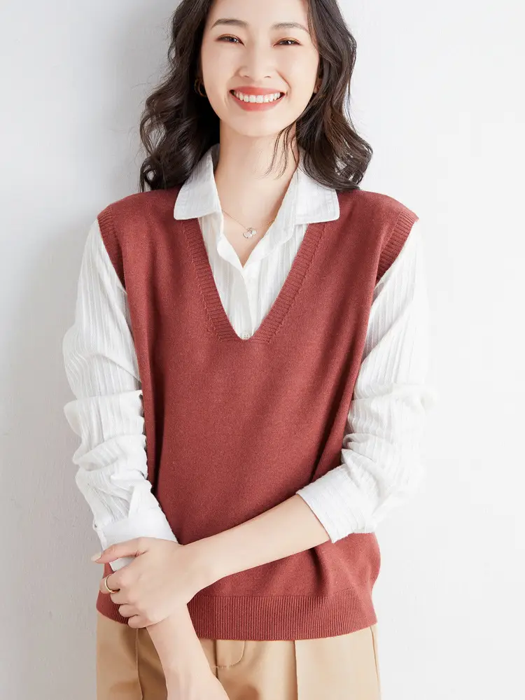 Women V-Neck Knitted Vest Purple Winter Warm Coat