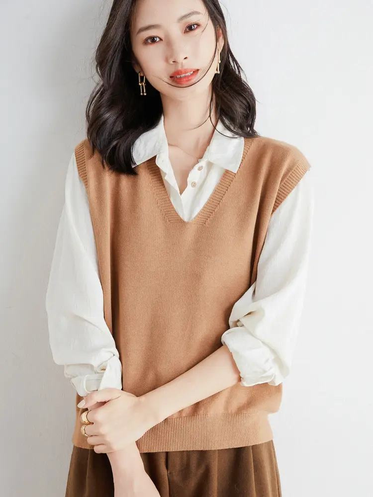 Women V-Neck Knitted Vest Purple Winter Warm Coat