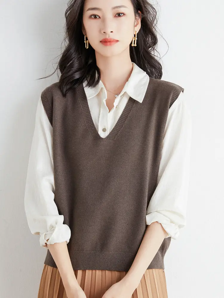 Women V-Neck Knitted Vest Purple Winter Warm Coat