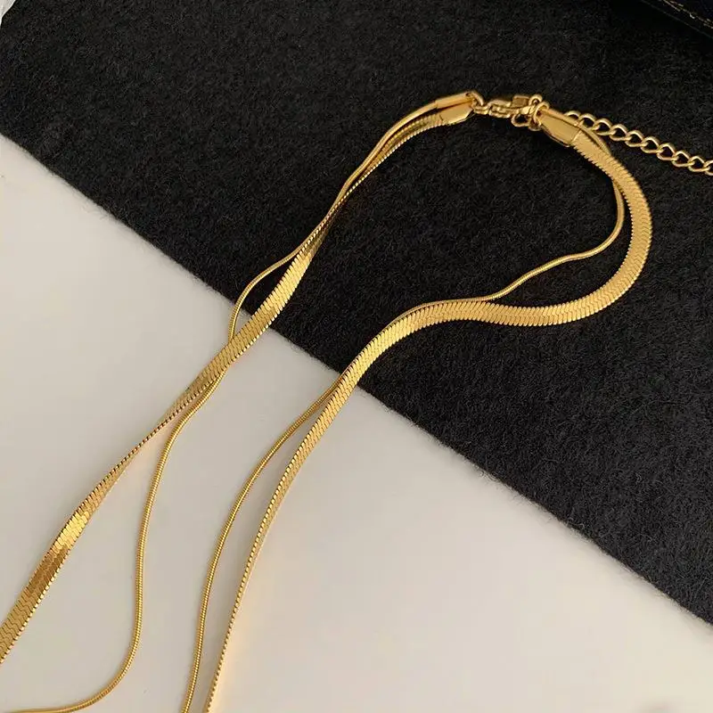 18K Gold Snake Bone Double Layer Necklace for Women - Image 4