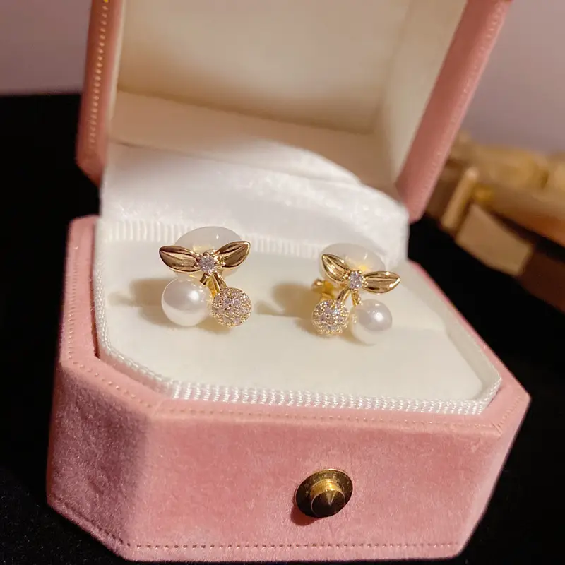 Cute Japanese Girl Earrings Women Pearl Cherry Flower Design