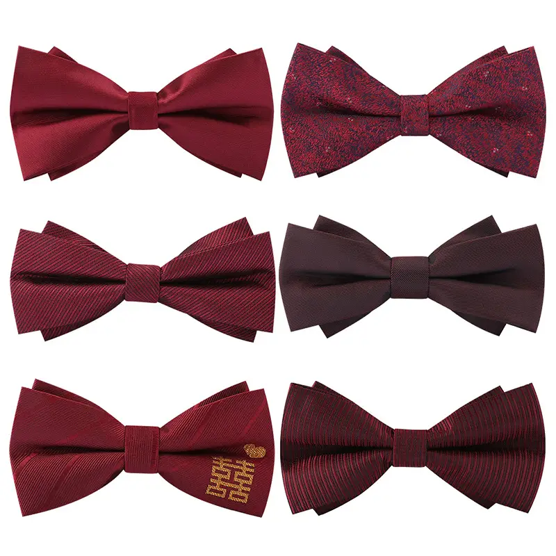 Men's Double Tie Groom Bow Set Wine Red Black Wedding - Image 24