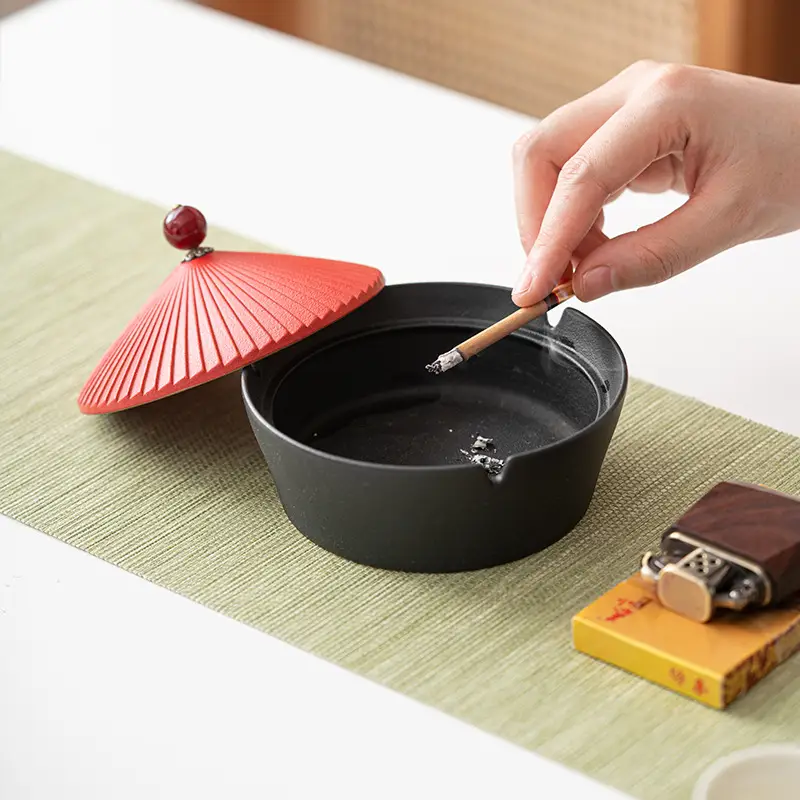 Ceramic Ashtray with Red Hat Cover for Home Office