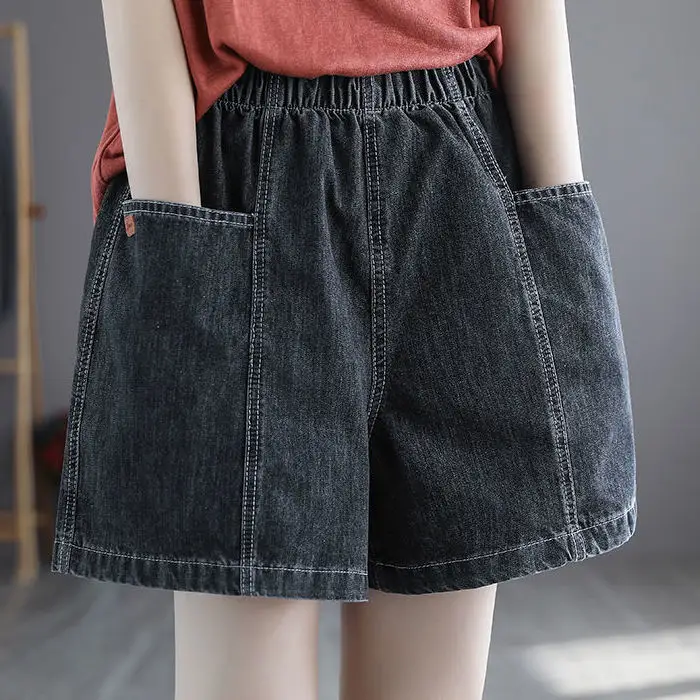 Women Denim Shorts with Large Pockets & Elastic Waist - Image 2