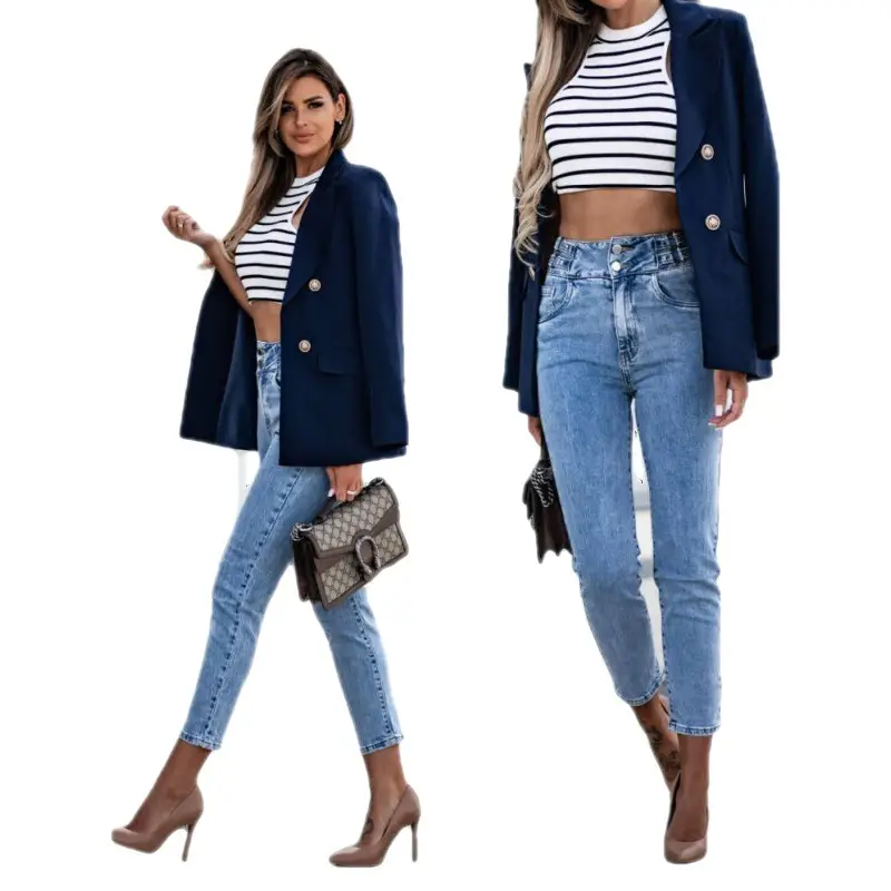 Double Breasted Suit Coat Women Navy Blue Small - Image 8