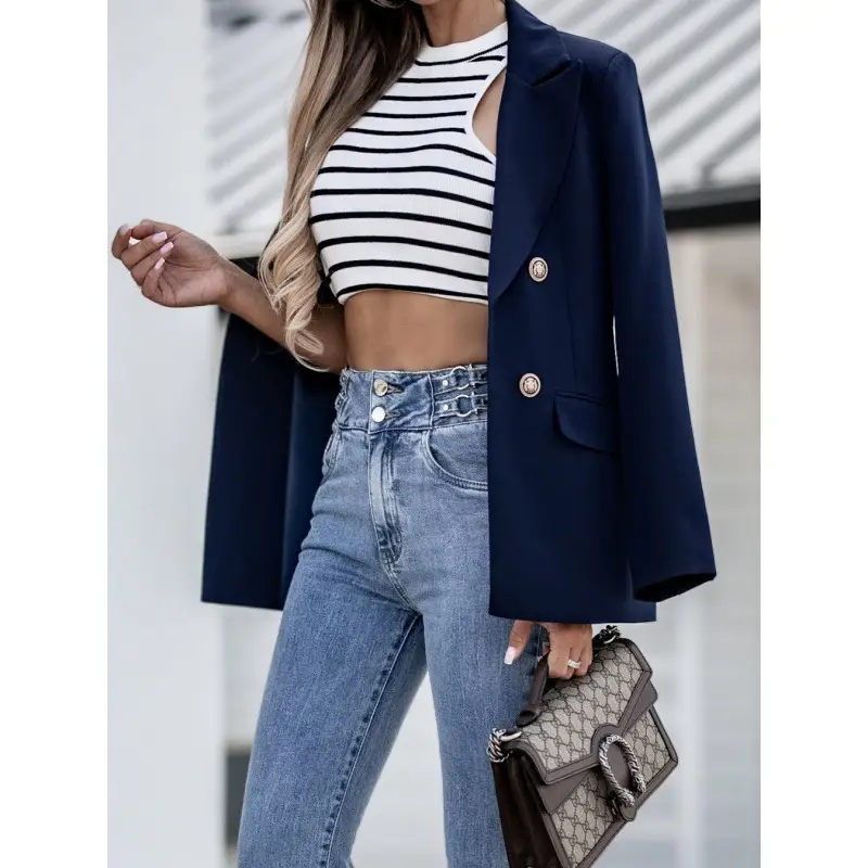 Double Breasted Suit Coat Women Navy Blue Small - Image 3