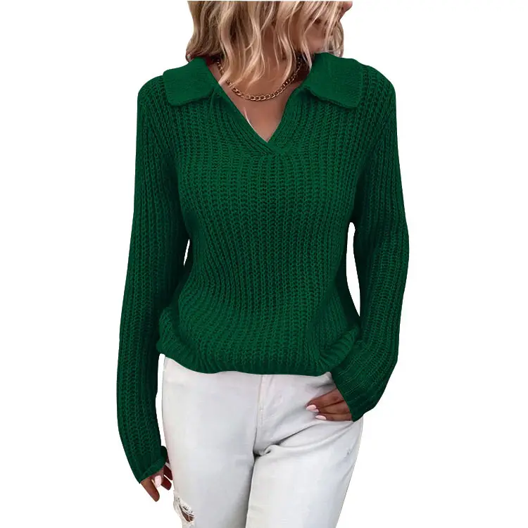 Women Cross-Border Knitted Lapel Sweater Red Slim Fit - Image 6