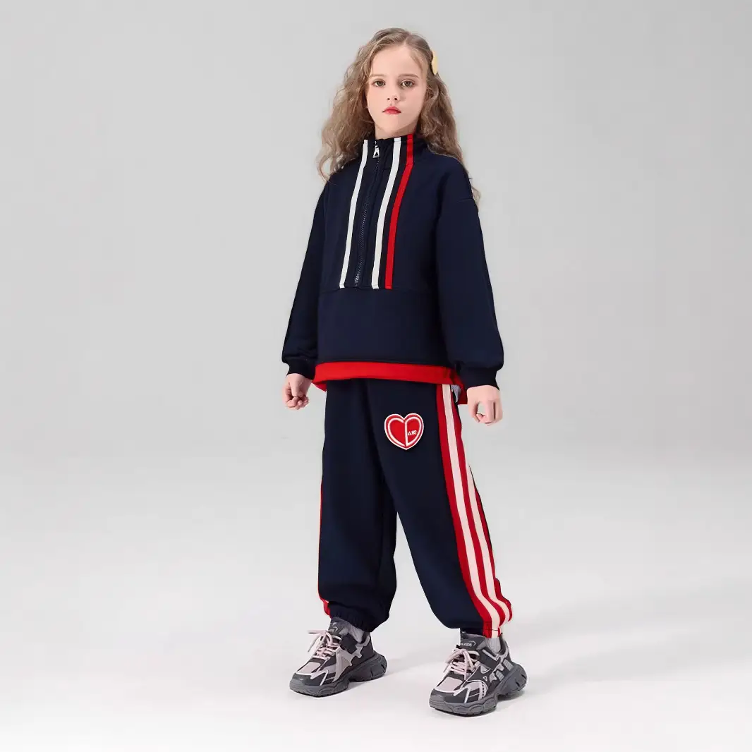 Kids 2-Piece Sweatshirt Track Suit Navy Red Heart Print - Image 4