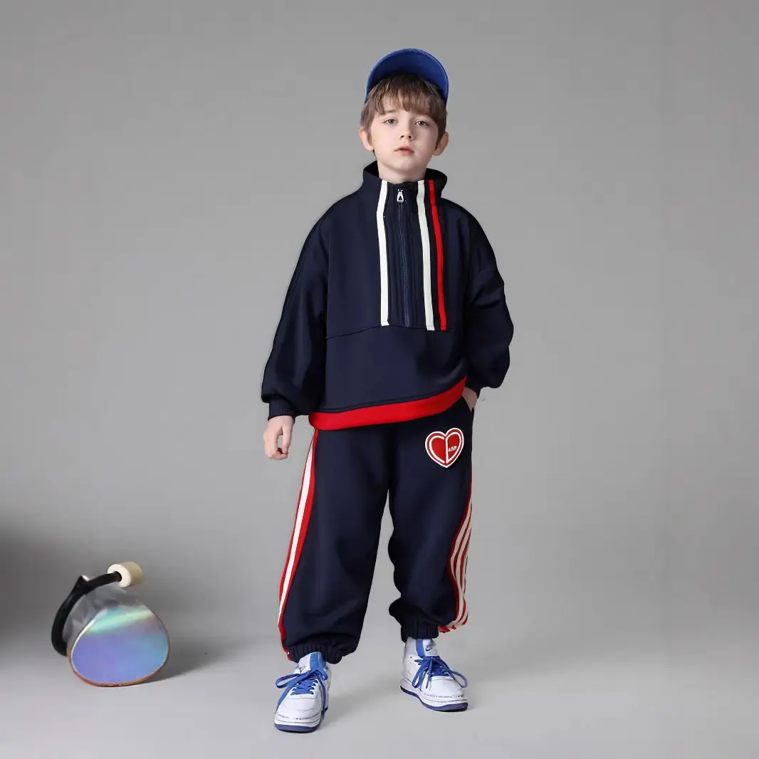 Kids 2-Piece Sweatshirt Track Suit Navy Red Heart Print - Image 5