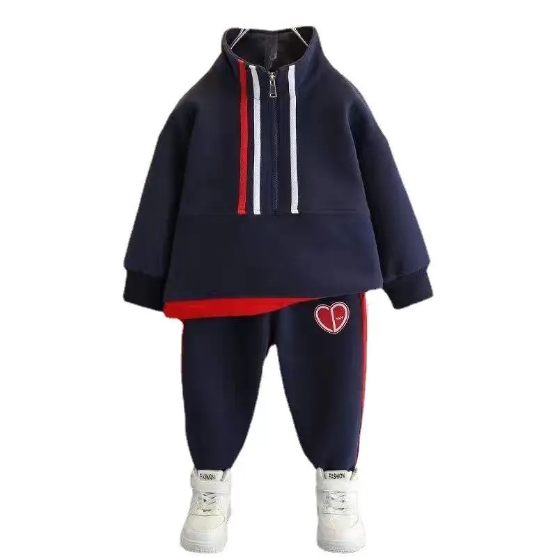 Kids 2-Piece Sweatshirt Track Suit Navy Red Heart Print - Image 6