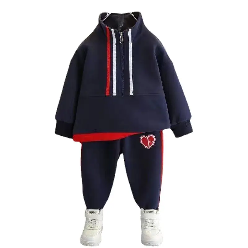 Kids 2-Piece Sweatshirt Track Suit Navy Red Heart Print - Image 7