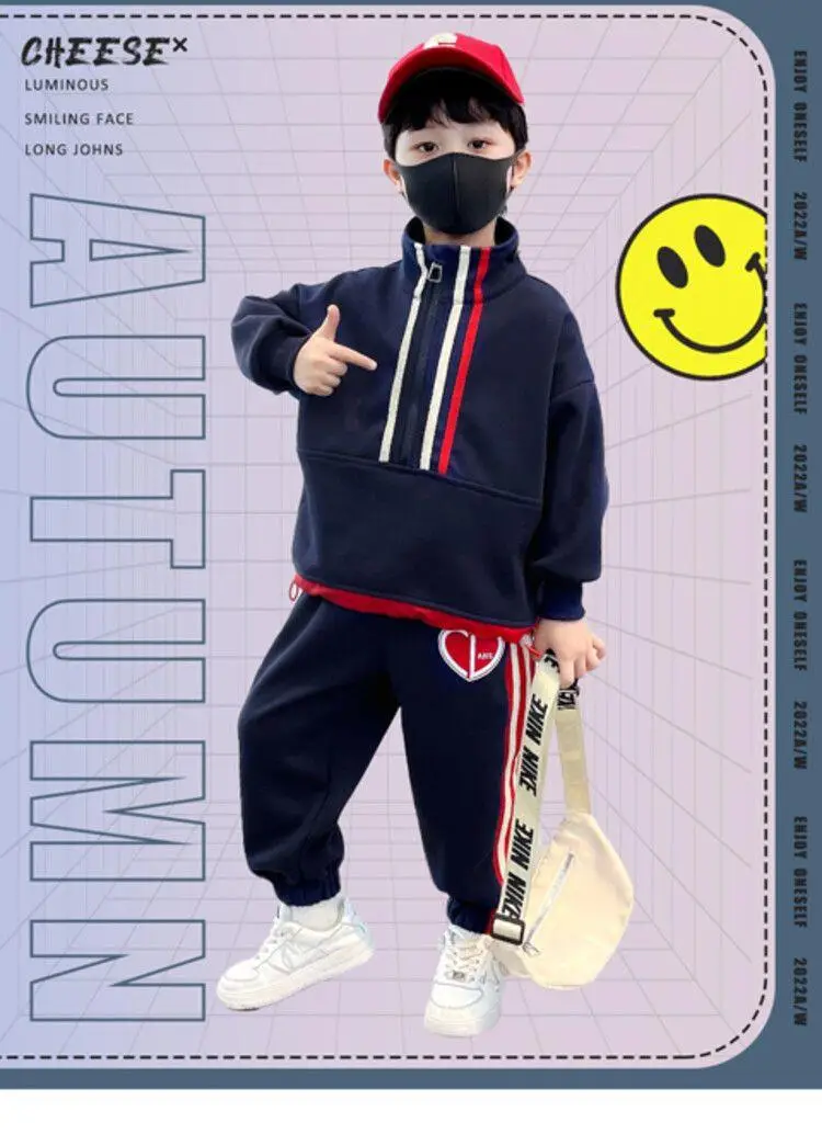 Kids 2-Piece Sweatshirt Track Suit Navy Red Heart Print — feature 2