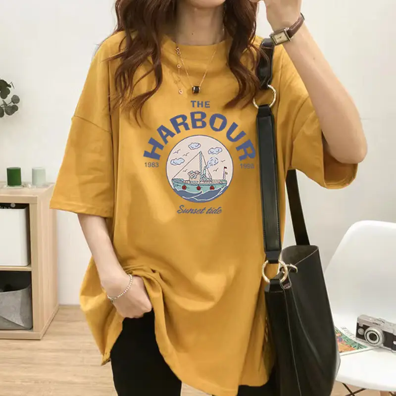 Trendy Yellow Smile Print T-shirt for Women Mid Length Loose Fit - Image 6