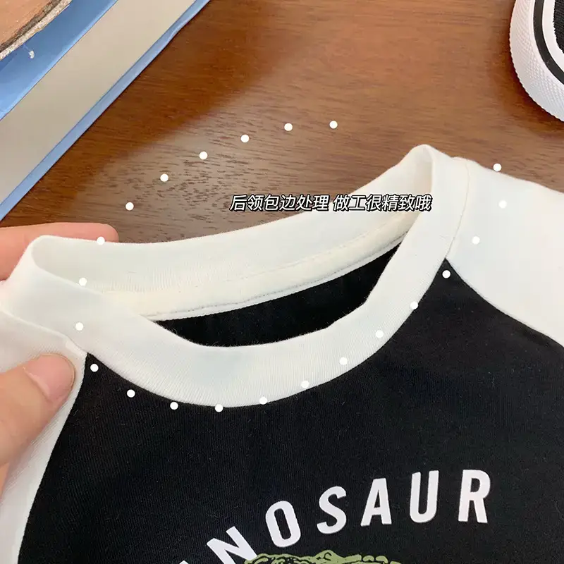 Dinosaur Long Sleeve T-Shirt Black White Cotton - Image 3