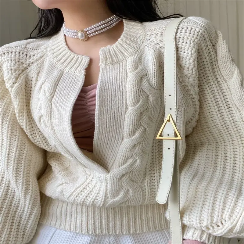 Women's Korean Chic Neck Sweater Brown Knitted 2023 - Image 6