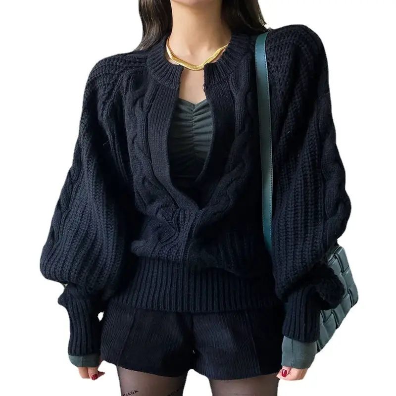 Women's Korean Chic Neck Sweater Brown Knitted 2023 - Image 7