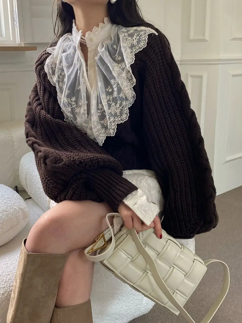 Women's Korean Chic Neck Sweater Brown Knitted 2023 — feature 10