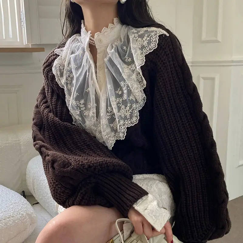 Women's Korean Chic Neck Sweater Brown Knitted 2023 - Image 3