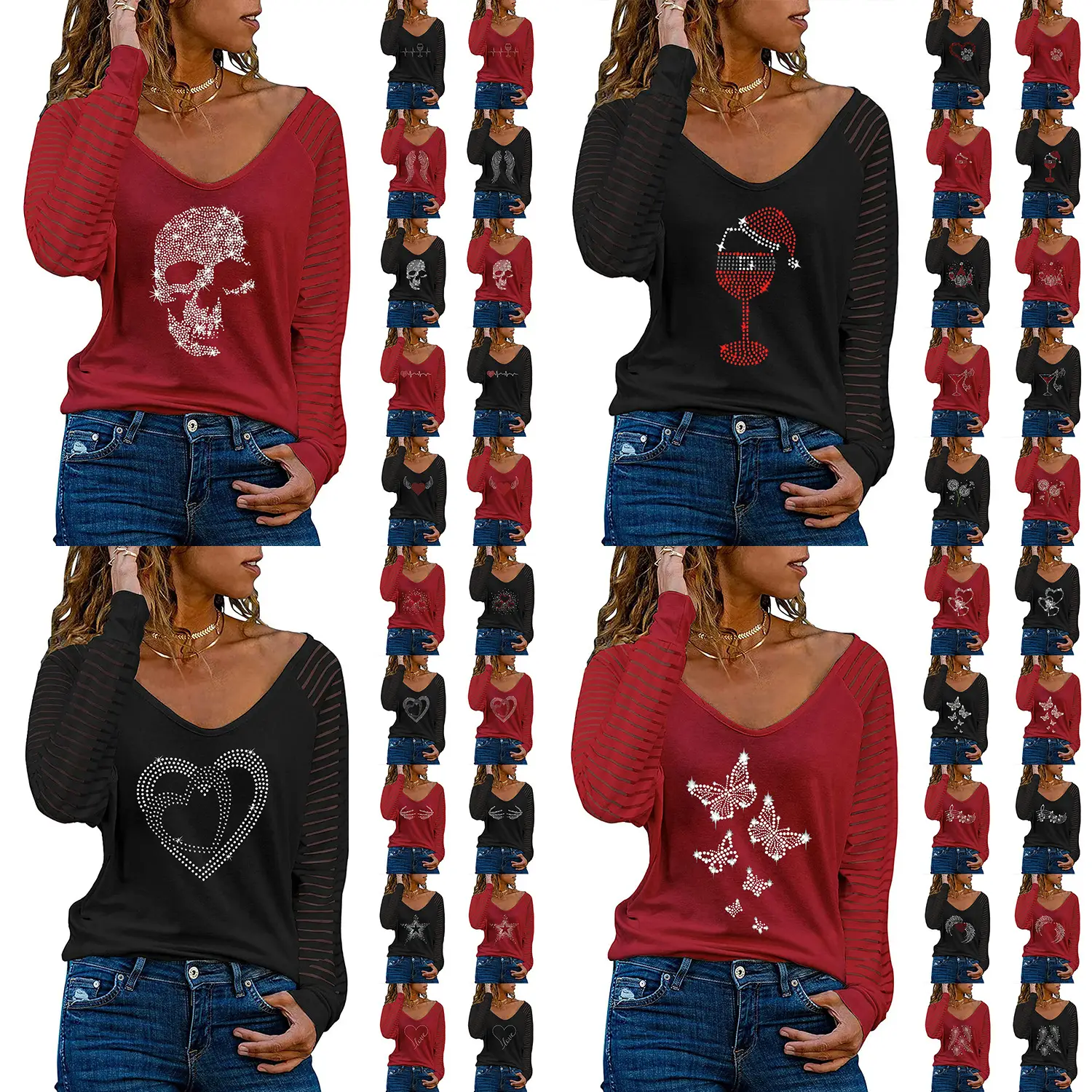 Women's Red V-Neck Long Sleeve T-Shirt with Rhinestone Design - Image 49