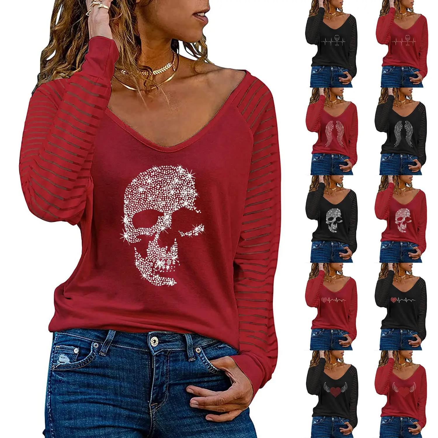 Women's Red V-Neck Long Sleeve T-Shirt with Rhinestone Design - Image 50
