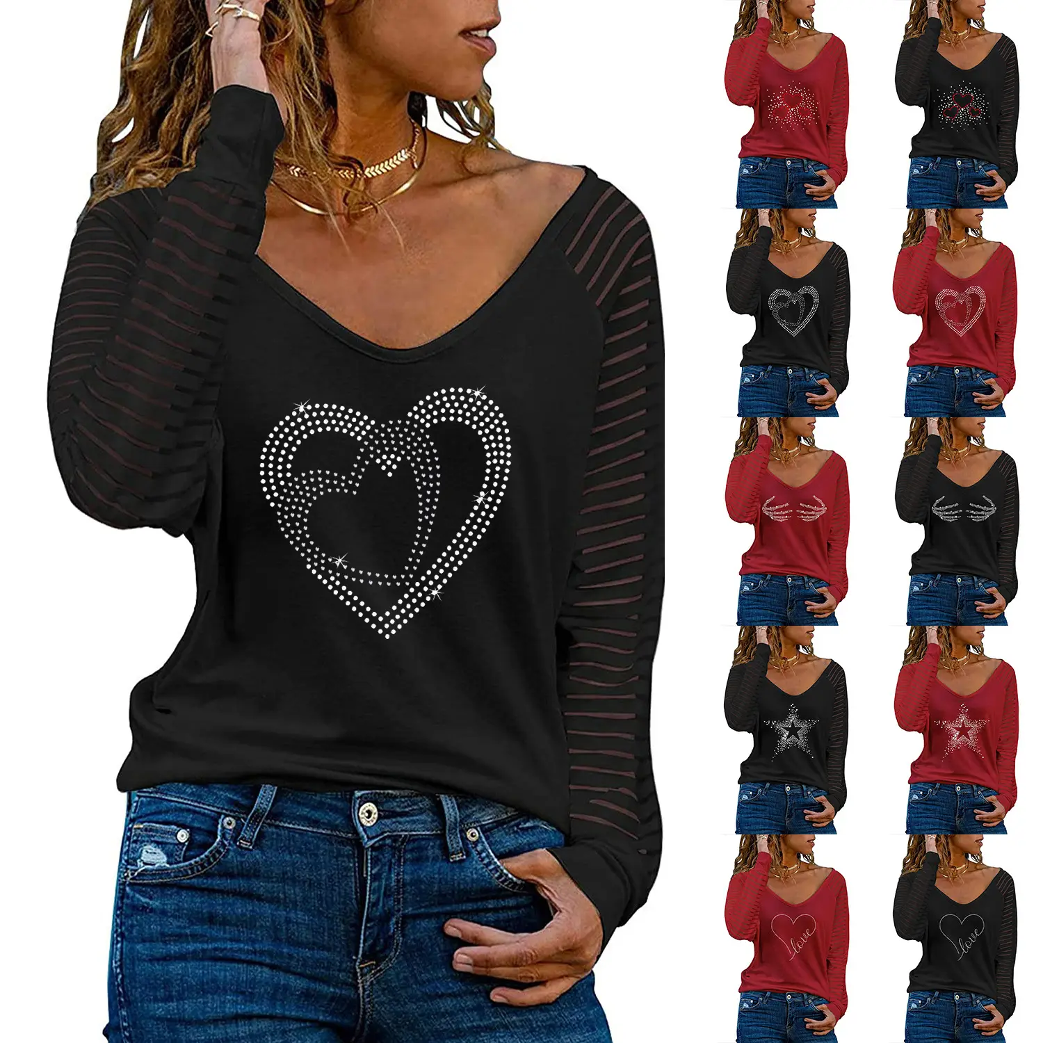 Women's Red V-Neck Long Sleeve T-Shirt with Rhinestone Design - Image 51