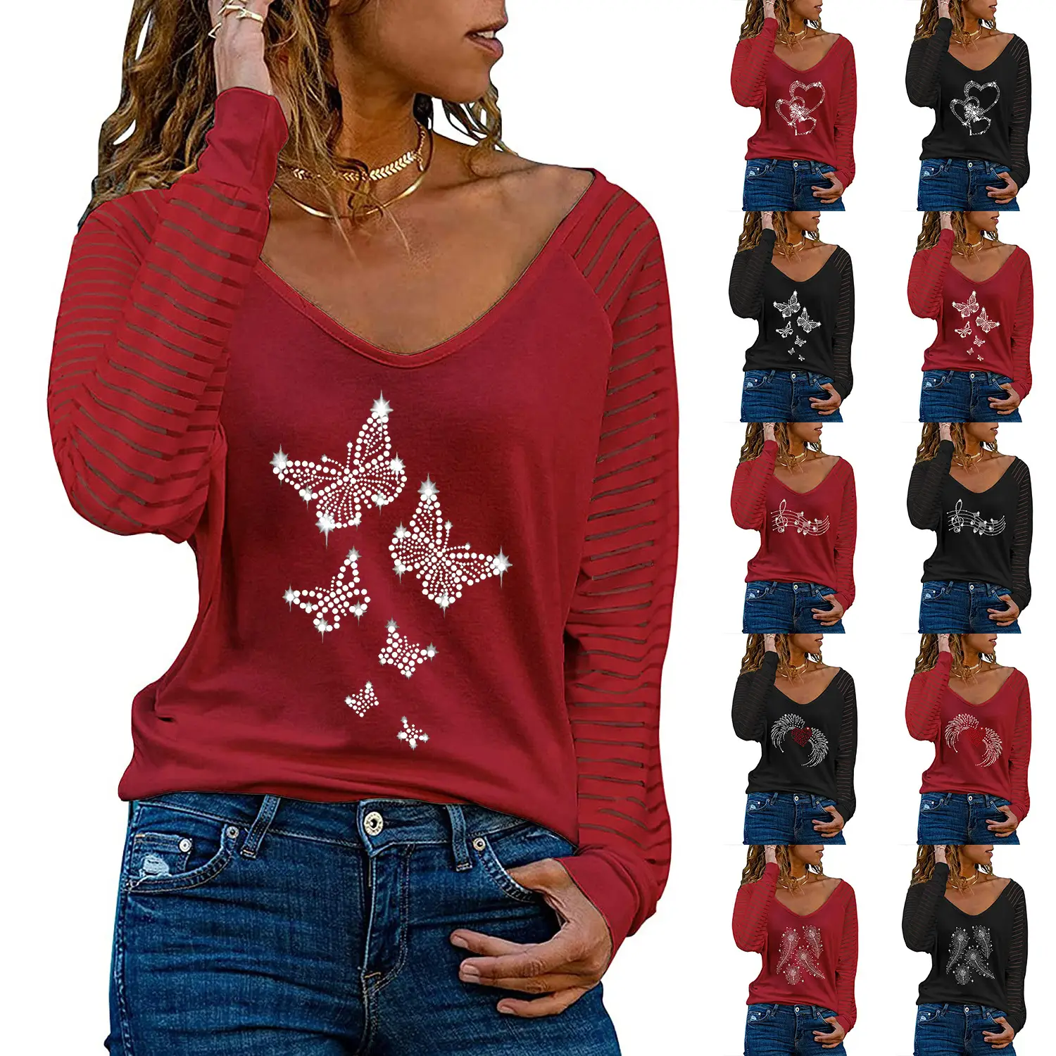 Women's Red V-Neck Long Sleeve T-Shirt with Rhinestone Design - Image 52