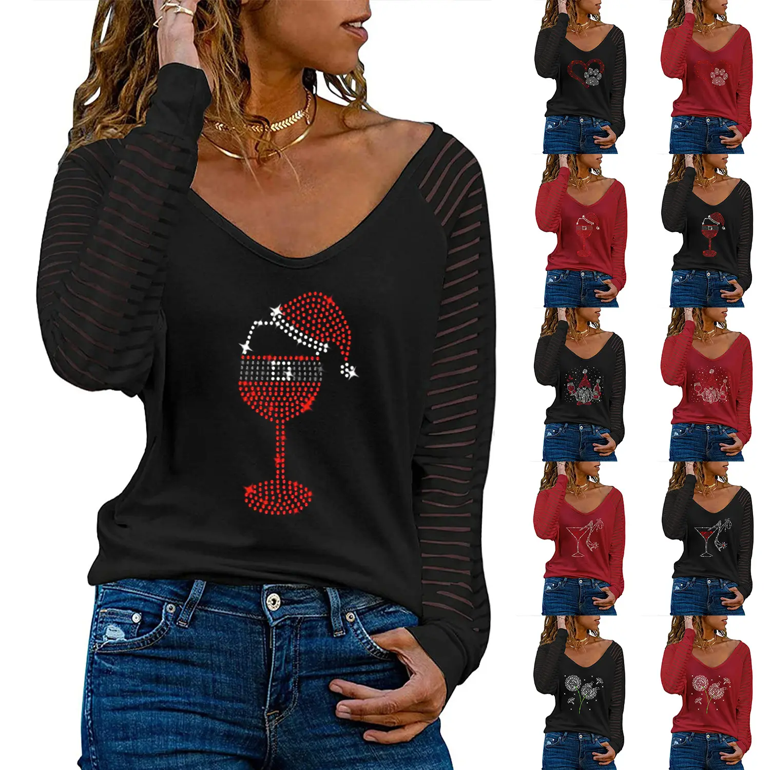 Women's Red V-Neck Long Sleeve T-Shirt with Rhinestone Design - Image 53