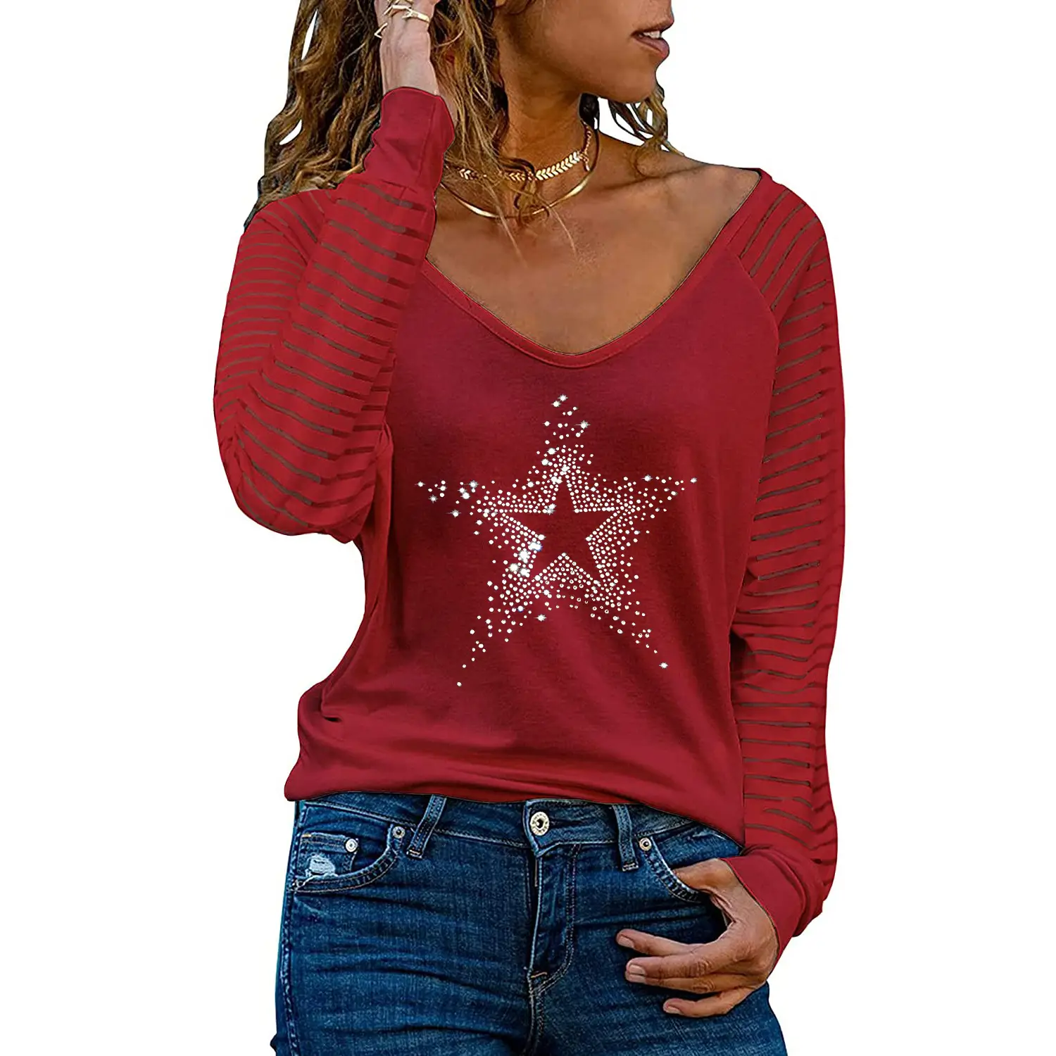 Women's Red V-Neck Long Sleeve T-Shirt with Rhinestone Design - Image 13