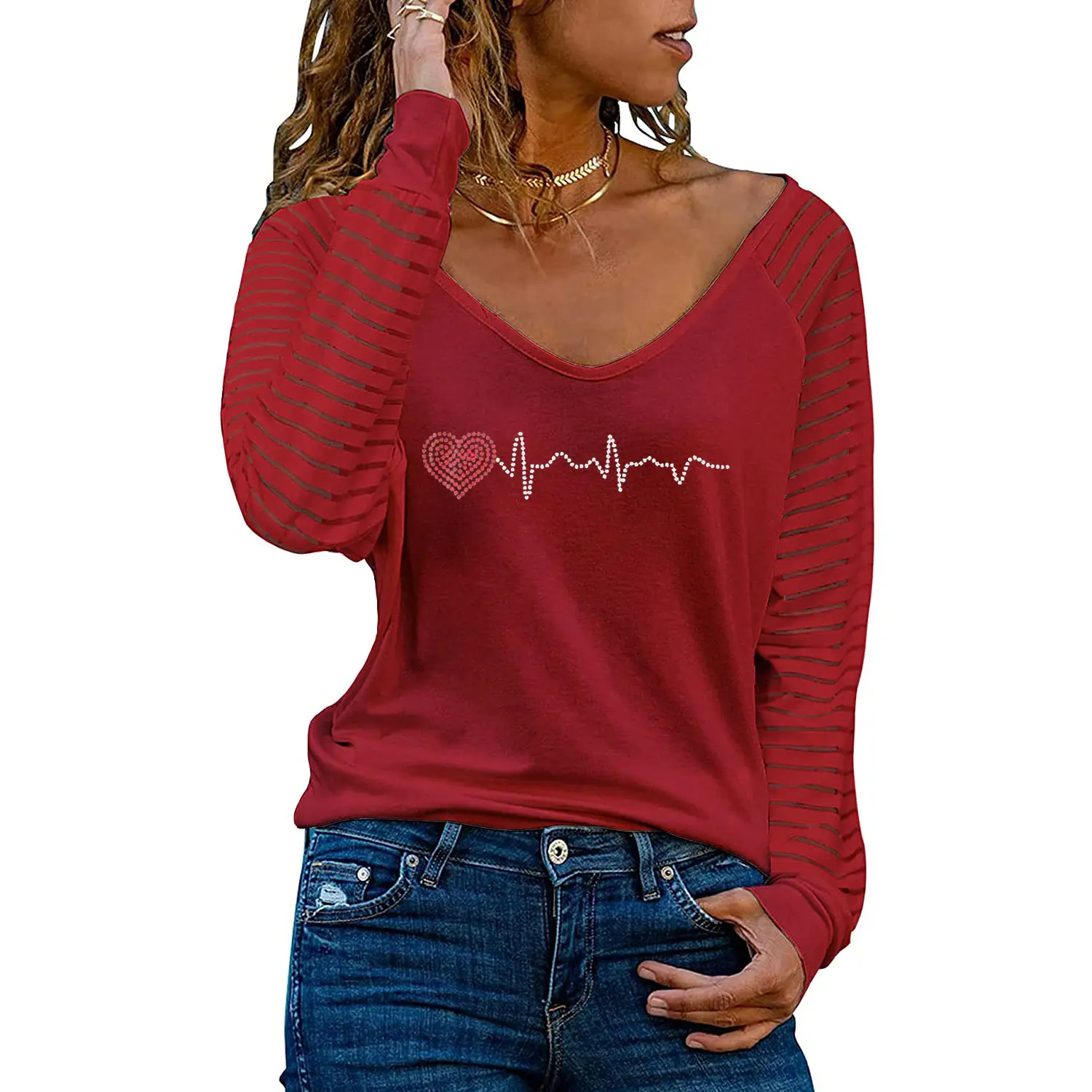 Women's Red V-Neck Long Sleeve T-Shirt with Rhinestone Design - Image 3