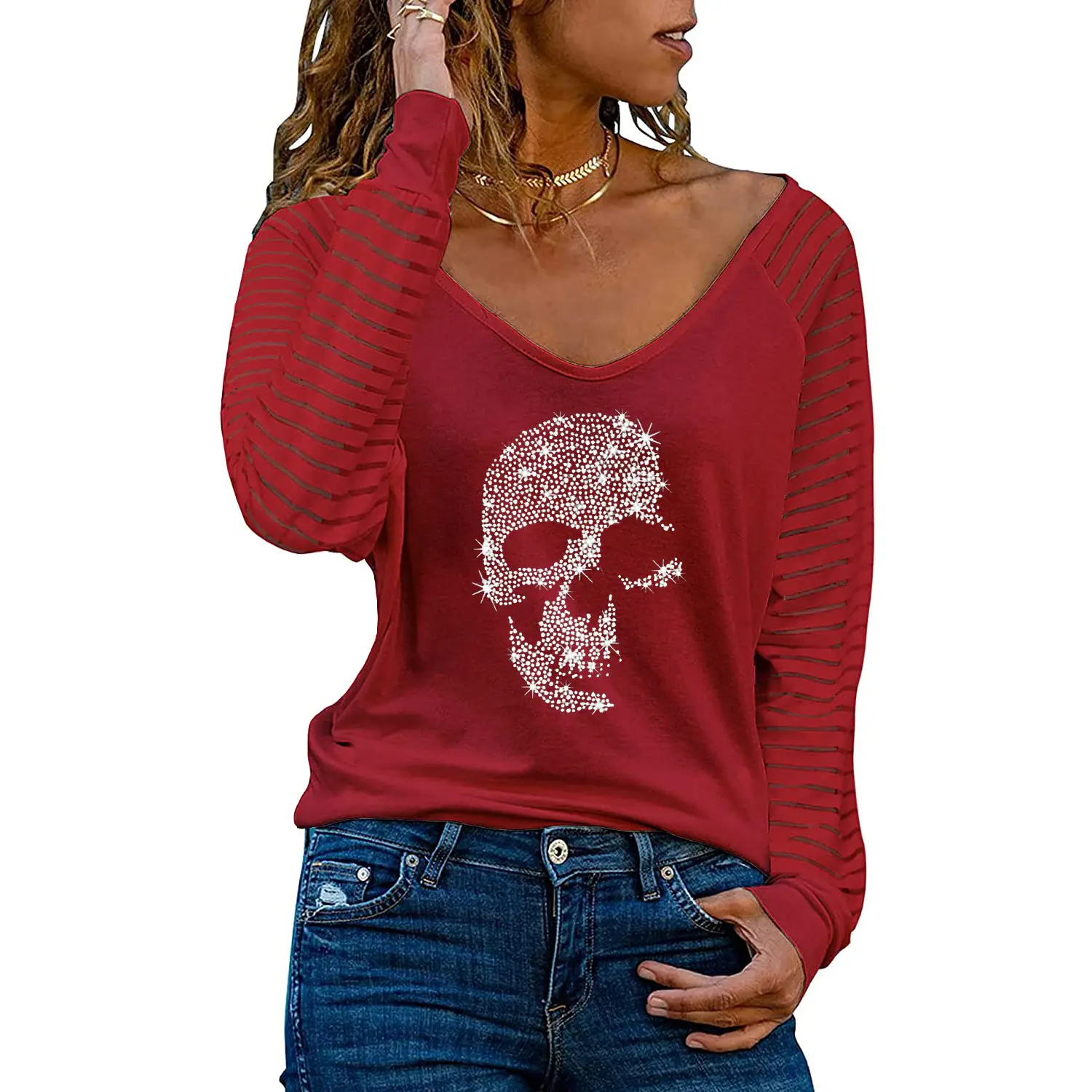 Women's Red V-Neck Long Sleeve T-Shirt with Rhinestone Design - Image 5